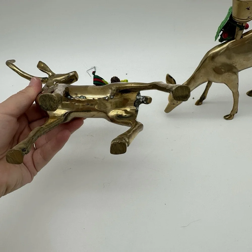 2 Vintage Brass Reindeer Candle Sticks Holders Buck and Doe Set Large Antlers